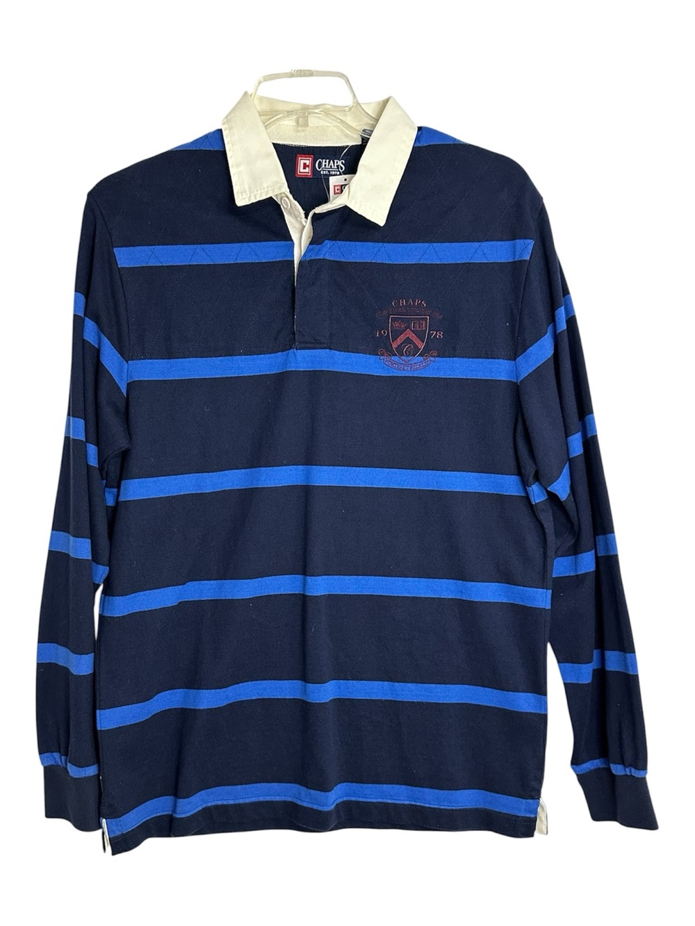 NWT Chaps Rugby Shirt Mens Medium Blue Striped 100% Cotton Long Sleeve Polo